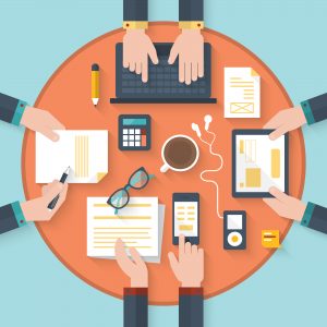 Flat design modern vector illustration concept of teamwork analyzing project on business meeting